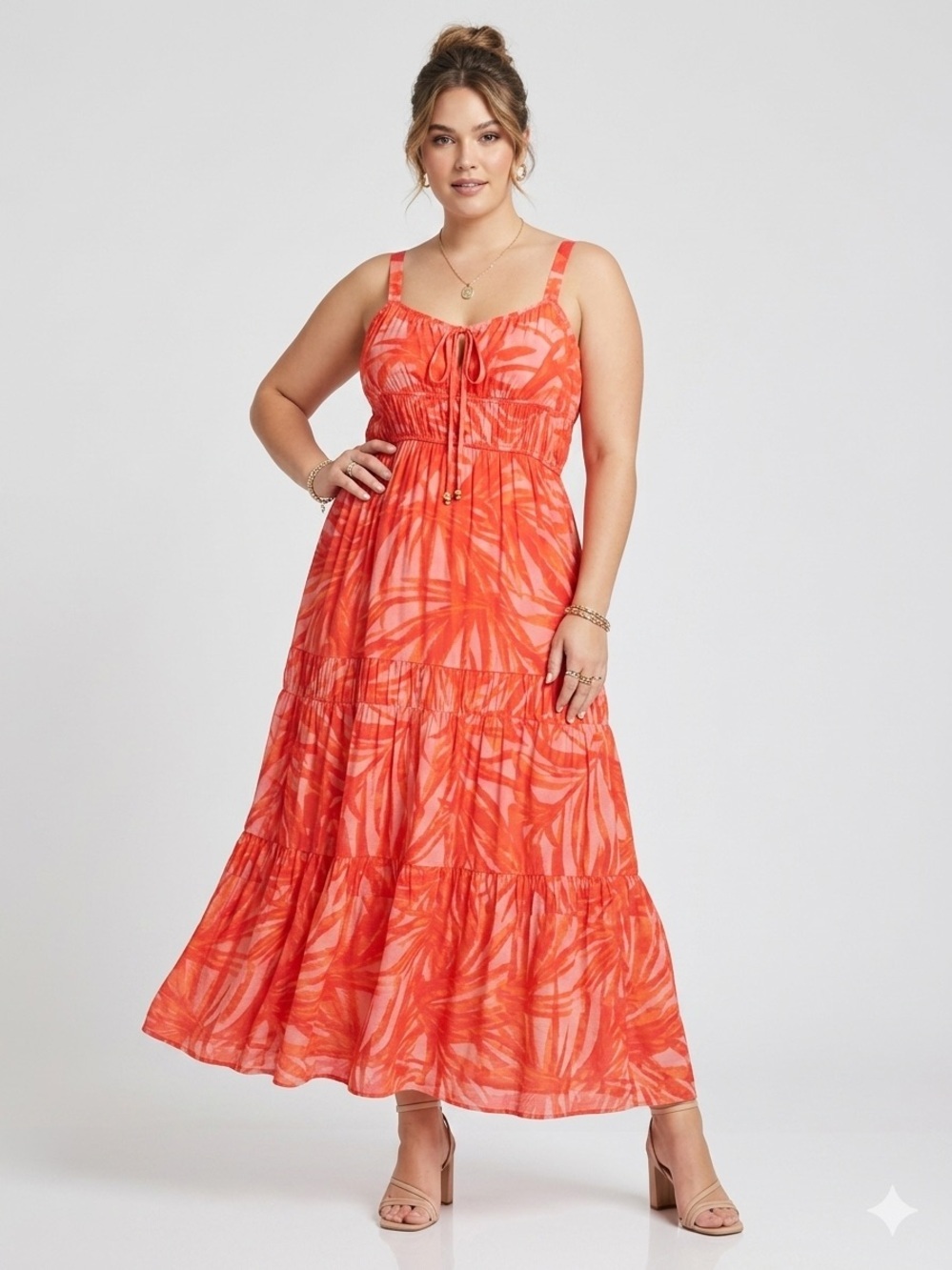 Taylor Coral Tropical Maxi Dress Boho Resort Tiered Sundress Vacation MEDIUM
